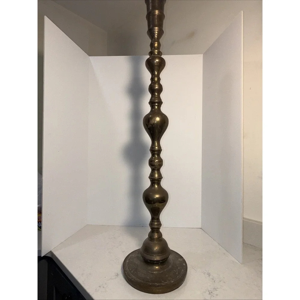 ANTIQUE VTG HEAVY BRASS FLOOR CHURCH ALTER CANDLE CANDLESTICK HOLDER 39.5 IN H